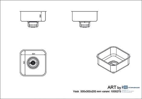 Vask 500x500 m/sump, si og kugleventil ART