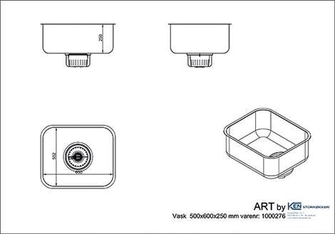 Vask 600x500 m/sump, si og kugleventil ART 