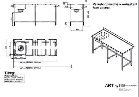 Vaskebord med vask og bagkant venstre B1800 x D700 x H900 mm 