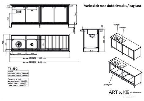 Vaskeskab med dobbeltvask u/bagkant B1800 x D700 x H900 mm 