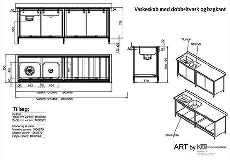 Vaskeskab med dobbeltvask og bagkant B1800 x D700 x H900 mm 